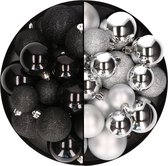 Kerstballen 60x stuks - mix zilver/zwart - 4-5-6 cm - kunststof - kerstversiering