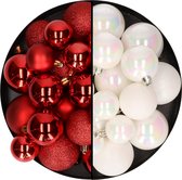 Kerstballen 60x stuks - mix parelmoer wit/rood - 4-5-6 cm - kunststof - kerstversiering