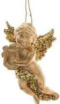 Gouden engel met harp kerstversiering hangdecoratie 10 cm