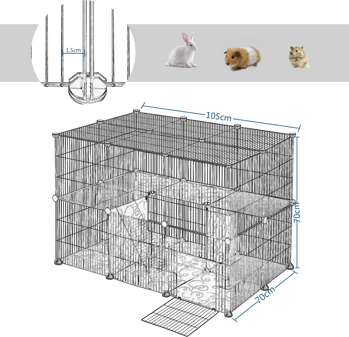Happyment Dierenren Meri - XXL Ren Deluxe - Verstelbaar - Voor binnen - Puppyren - Kleine dieren - Kittens - Zwart - 38 panelen - 70 x 70 x 105 cm thumbnail 3
