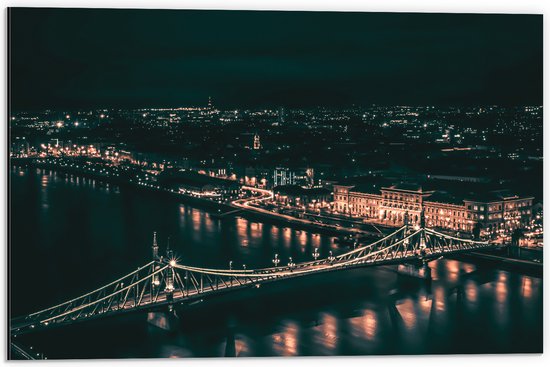 Dibond - Brug - Stad - Water - Gebouwen - Lichten - 60x40 cm Foto op Aluminium (Wanddecoratie van metaal)