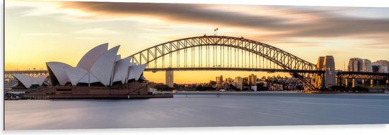 Dibond - Zonsondergang achter de Brug in Sydney, Australië - 150x50 cm Foto op Aluminium (Met Ophangsysteem)