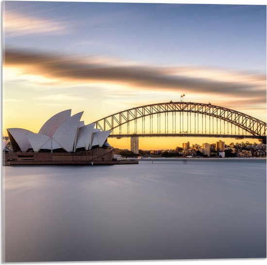 Acrylglas - Zonsondergang achter de Brug in Sydney, Australië - 50x50 cm Foto op Acrylglas (Wanddecoratie op Acrylaat)