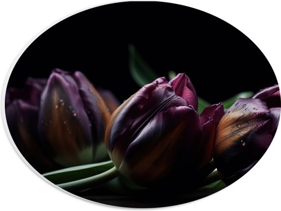 PVC Schuimplaat Ovaal - Paarse Tulpen in het Donker - Bloemen - 28x21 cm Foto op Ovaal (Met Ophangsysteem)