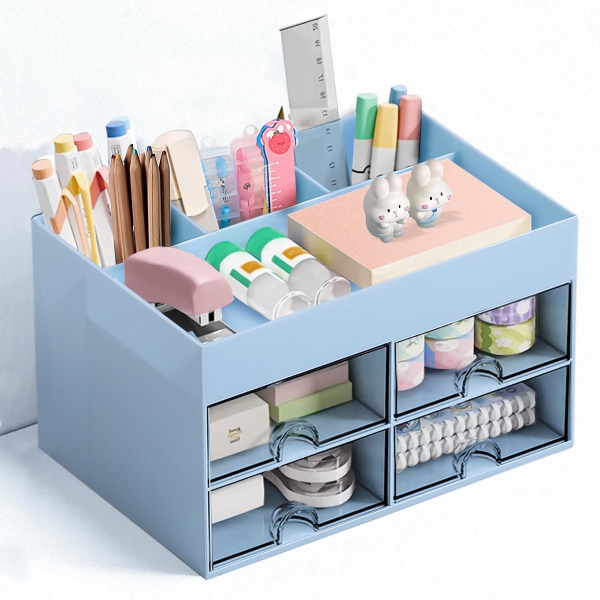 Bureau-organizer, pennenhouder, bureau-organizer met 4 laden, multifunctionele bureau-organizer voor pennen, kantoor, thuis, school, ruimtebesparend (blauw)