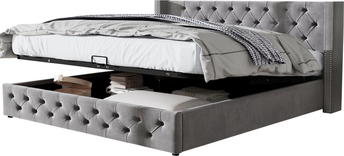 Merax Tweepersoonsbed 140 x 200 cm - Gestoffeerd Bed met Hydraulische Opbergruimte - Grijs
