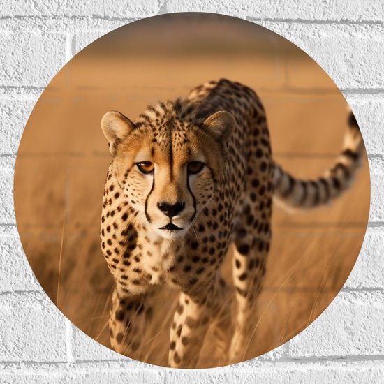 Muursticker Cirkel - Zuid Afrikaanse Cheetah loopt door gras heen - 40x40 cm Foto op Muursticker