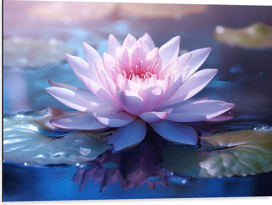 Dibond - Licht Roze Waterlelie Drijvend op Water en Leliebladeren - Bloemen - 80x60 cm Foto op Aluminium (Met Ophangsysteem)