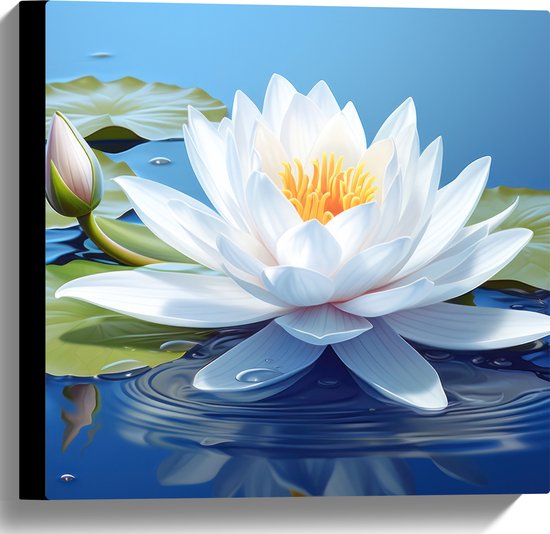 Canvas - Wit Vol Bloeiende Waterlelie op Water en Leliebladeren - Bloemen - 40x40 cm Foto op Canvas Schilderij (Wanddecoratie op Canvas)