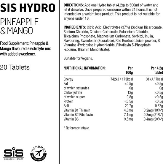 Science in Sport - SIS Go Hydro Bruistabletten - 300mg Elektrolyten - Pineapple & Mango Smaak - 3 x 20 Tabletten van Science in Sport — afbeelding 3