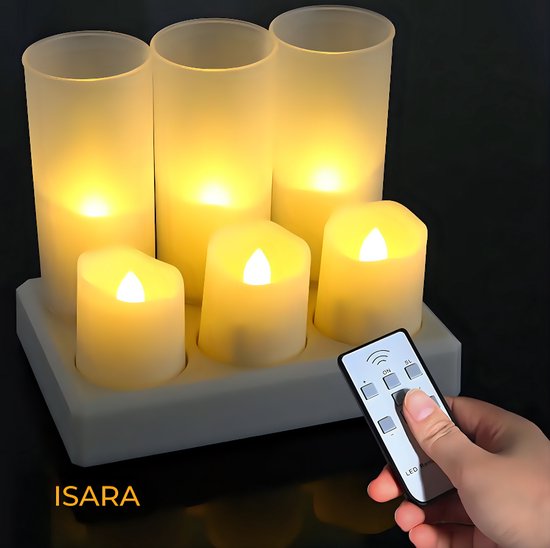 ISARA Set de 6 Bougies LED - Avec flamme mobile - Télécommande et minuterie incluses - 18-20 heures - Bougies chauffe-plat avec station de charge - Bougies chauffe-plat rechargeables - Nouveau modèle 2023