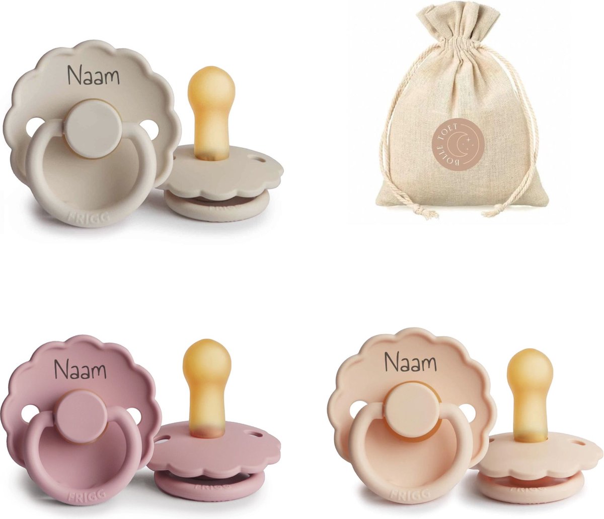 Goedkoopste FRIGG Daisy met naam T2 - Sandstone, Baby pink en Pink cream Bolletoet speenzakje - 6-18 maanden