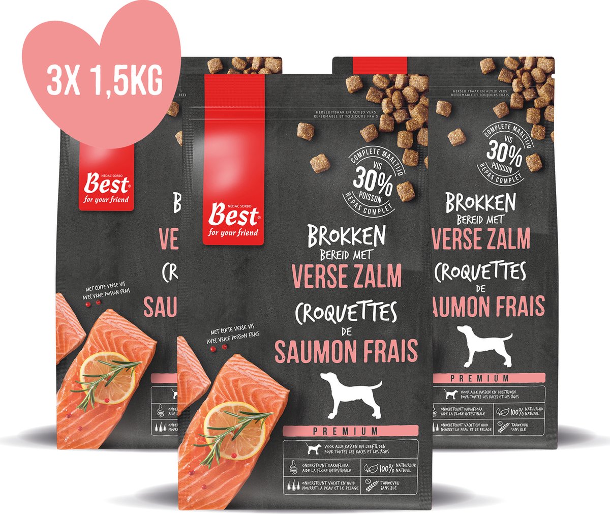 Best For Your Friend hondenbrokken- verse zalm - tarwevrij - glutenvrij - 3 zakken Ă  1.5 kg