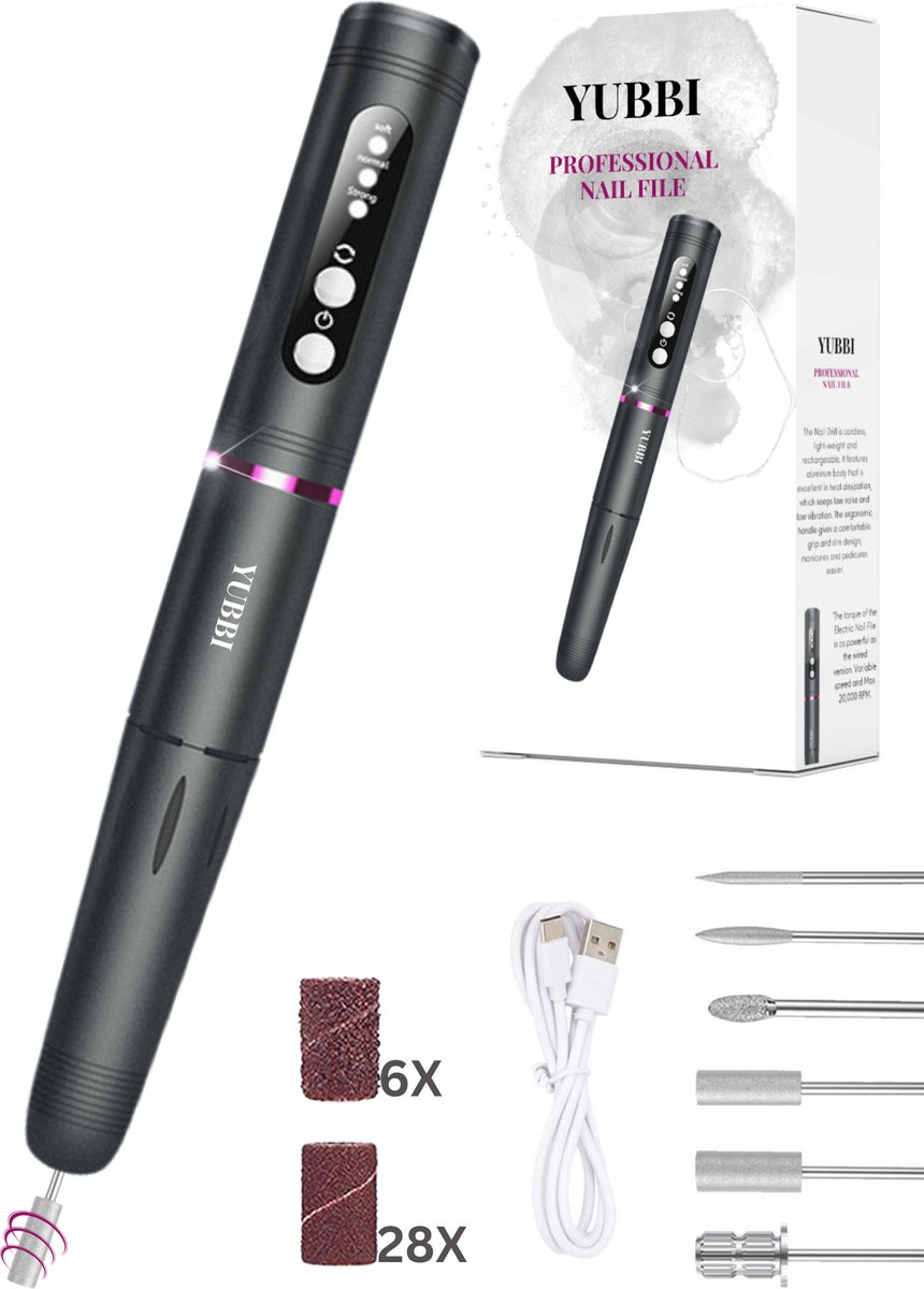 YUBBI® Elektrische Nagelvijl - Nagelfrees - 6 Opzetstukken - Draadloos - Eelt Verwijderaar - Manicure Apparaat - Pedicure Set - Metallic Zwart
