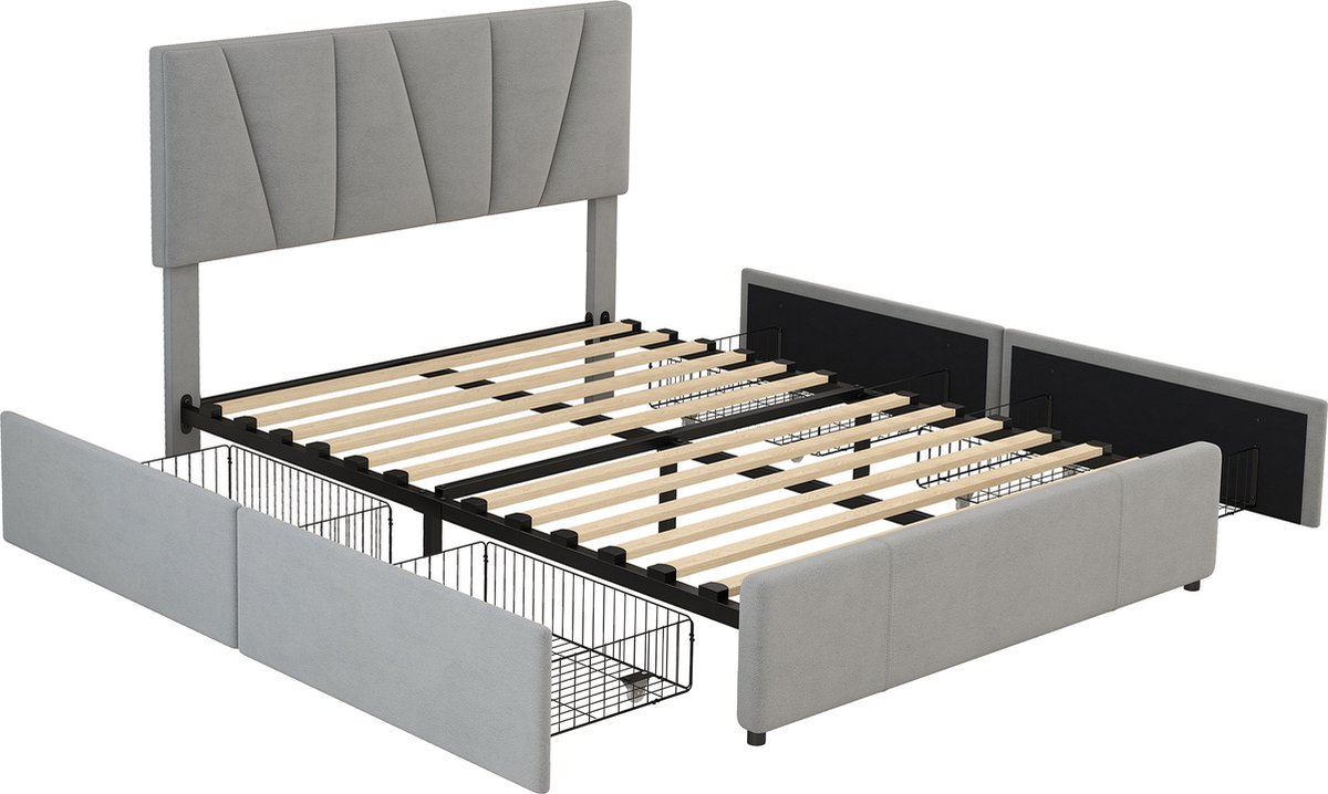 Merax Tweepersoonsbed 140x200 cm - Gestoffeerd Bed met Opbergruimte - Grijs