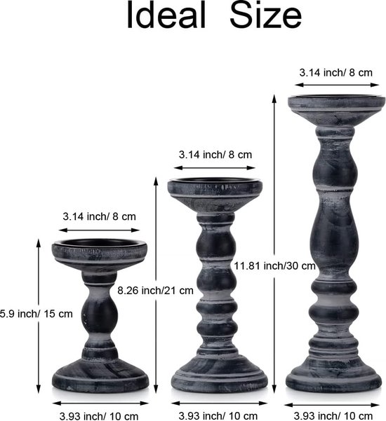 Rustieke houten pijler kandelaars set van 3, 12 9