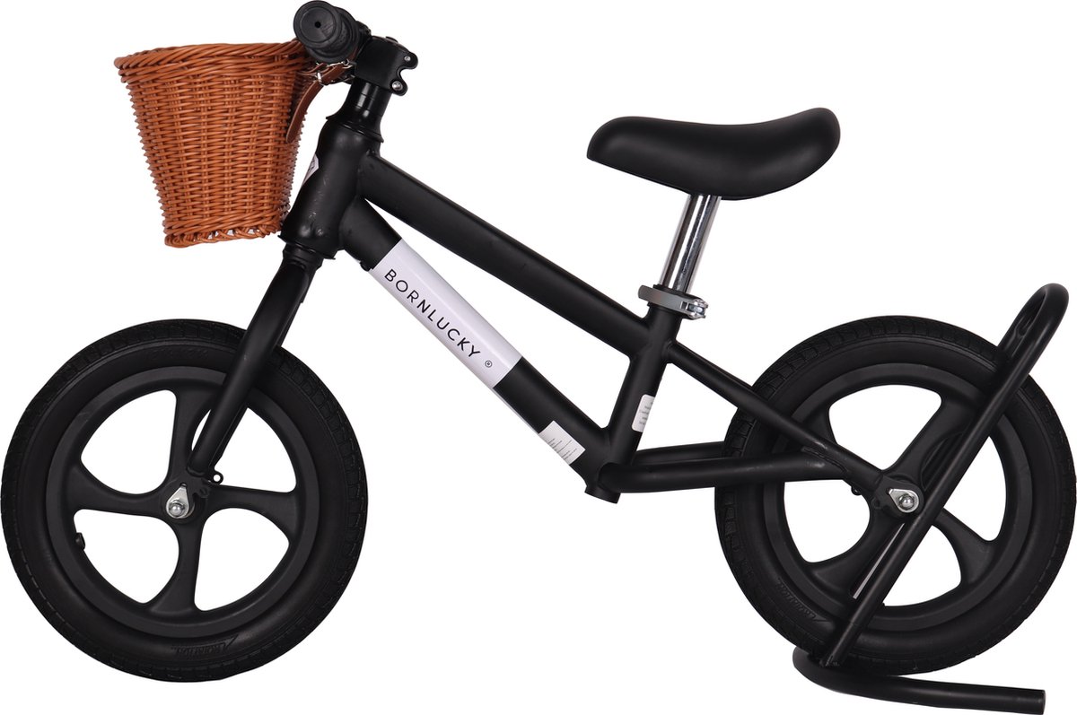 Born Lucky® Loopfiets Met Fietsmand– Vanaf 2 jaar – 12 inch massieve banden - Verstelbaar Zadel & Stuur – Zwart — afbeelding 2