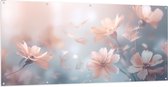 Tuinposter – Licht Roze Cosmea Bloemen met Wazige Blauwe Achtergrond - 200x100 cm Foto op Tuinposter (wanddecoratie voor buiten en binnen)