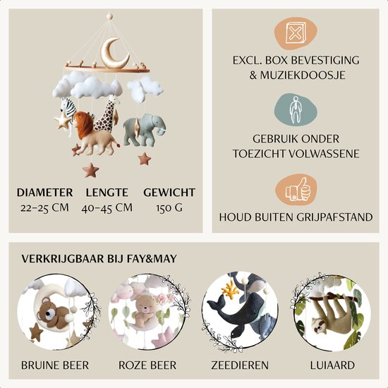 Mobile bébé en bois avec animaux, lune et nuages. Également disponible: ours brun, ours rose, animaux marins et paresseux.