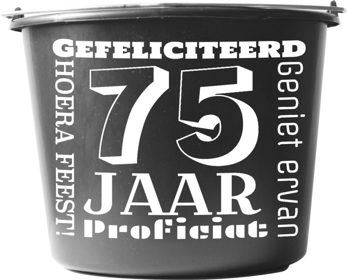 Goedkoopste Emmer – 12 liter – zwart – Cadeau – Verjaardag – met tekst Gefeliciteerd 75 jaar