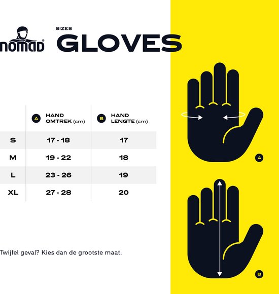 Maattabel voor Nomad handschoenen met afmetingen voor handomtrek en handlengte.