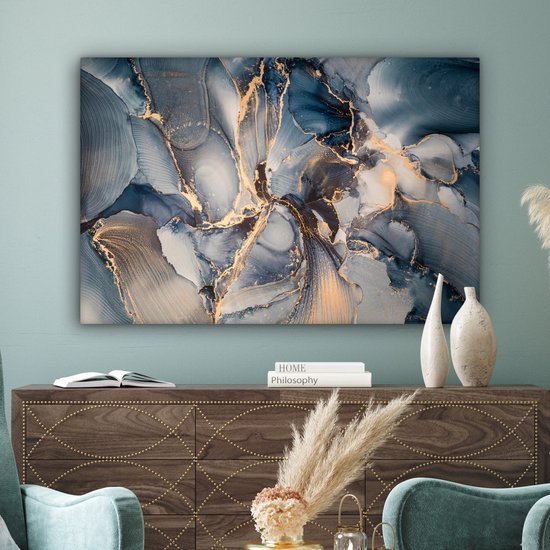 Toile Peinture Marbre - Grijs - Blauw - Luxe - Or - 120x80 cm - Décoration murale
