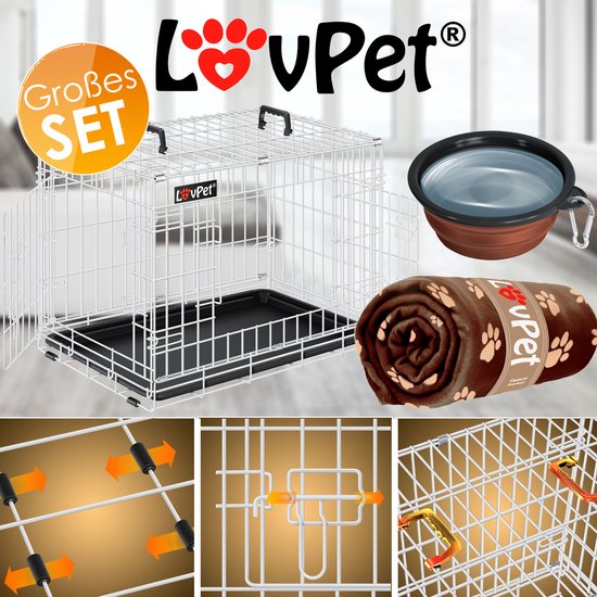 LOVPET® Hondenbench, inklapbaar, hondentransportbox, incl. fleecedeken kom, hondenkooi met 2 deuren, voor auto, dierentransportbox, met bodemschaal, 122 x 74,5 x 80,5 cm, XXL, zwart
