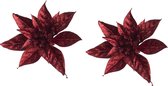 2x stuks decoratie bloemen kerststerren rood glitter clip 15 cm - Decoratiebloemen/kerstboomversiering/kerstversiering