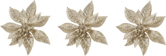 8x stuks decoratie bloemen kerststerren champagne glitter op clip 15 cm - Decoratiebloemen/kerstboomversiering