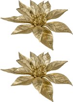 2x stuks decoratie bloemen kerststerren goud glitter op clip 18 cm - Decoratiebloemen/kerstboomversiering