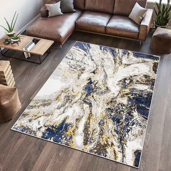 Tapiso Shine Tapis Salon Chambre Blauw Crème Or Moderne Poil Bas Abstrait Durable Tapis de Haute Qualité Taille - 80 x 150 cm