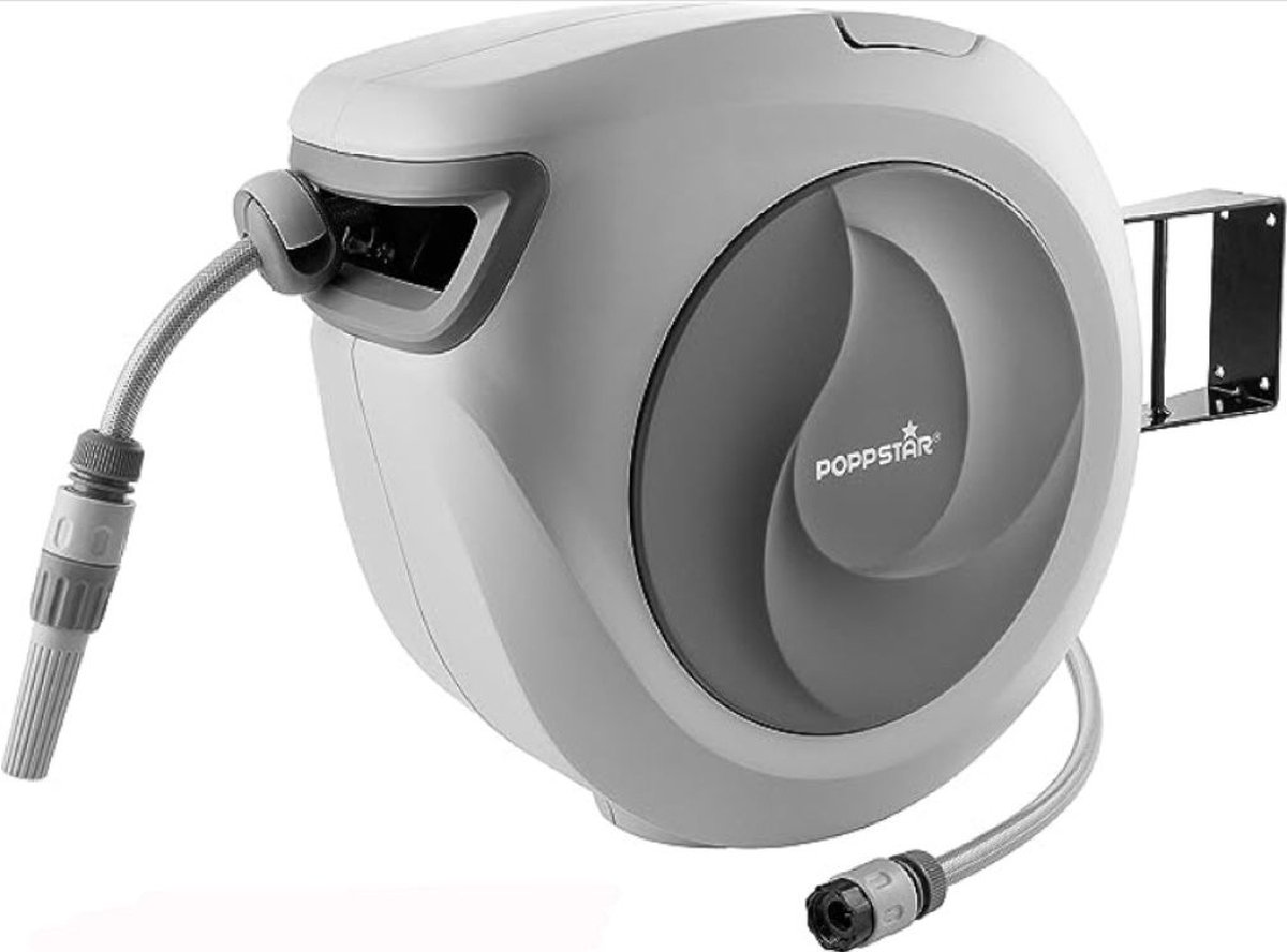 Waterslanghaspel 30m met Tuinslang (3/4" Aansluiting, Verdraaibaar, Automatische Intrekking & Oprolstopknop, incl. Wandhouder)