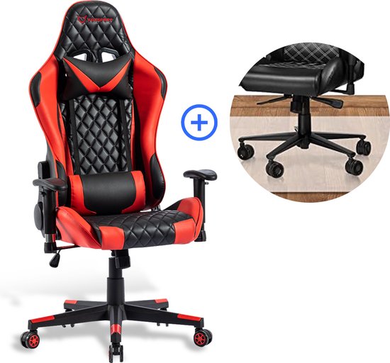K IKIDO - Gamestoel - Bureaustoel - Gaming Chair - Nek - en Rugkussen - Verstelbare Zithoogte - Kantoor/Thuis /Gaming - Zwart/Rood - Met bureaustoel vloermat