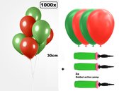 1000x Luxe Ballon rood/groen 30cm + 3x dubbel actie pomp - biologisch afbreekbaar - Carnaval Festival feest party verjaardag Sinterklaas landen helium lucht thema