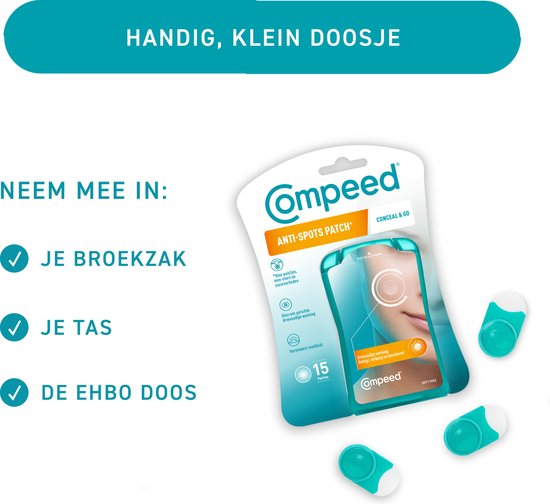 Compeed Anti-Spots Conceal & Go verpakking met 3 losse patches. Handig, klein doosje om mee te nemen in broekzak, tas of EHBO doos.
