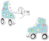 Joy|S - Zilveren rolschaats oorbellen - rollerskates - 9.5 mm - blauw met pastel kleur kristalletjes - kinderoorbellen