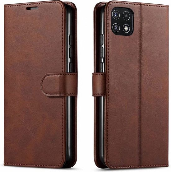 LuxeBass Phone Wallet Bookcase pour Samsung Galaxy A22 5G - Etui Portefeuille pour Cartes Bancaires - Simili Cuir - Support en Siliconen - Fermeture Magnétique - Marron - bibliothèque - protège livre - book case - book case