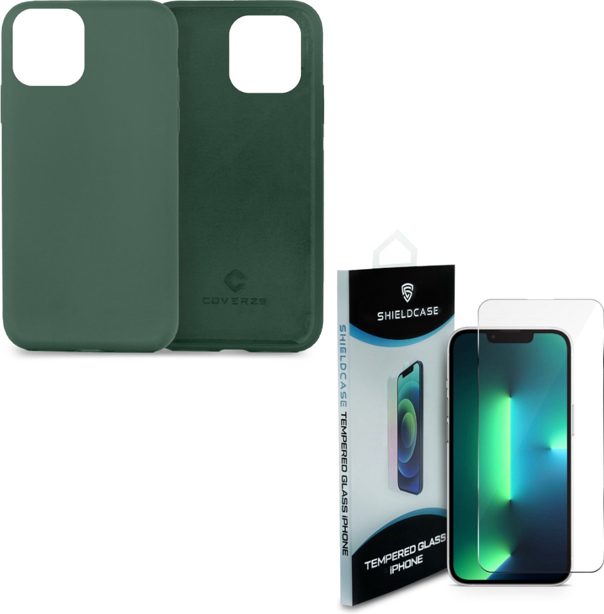 Coverzs Luxe Liquid Silicone case Geschikt voor iPhone 13 (dennengroen) - Shockproof hoesje incl. Screenprotector - Bescherming glasplaatje geschikt voor iPhone 13 - Screen protector glas - Full Cover bescherming + beschermhoes