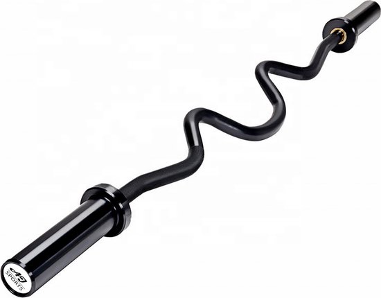 Zwarte AJ-Sports EZ-curl stang met ronde uiteinden en een golvend ontwerp.