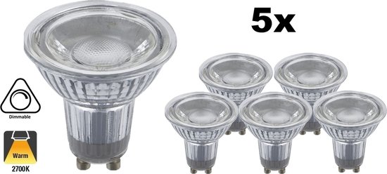 5 PACK - GU10 LED Spot 3w, 240 Lumen, 2700K Warm Wit, Glas, Dimbaar, Lichthoek: 60°
