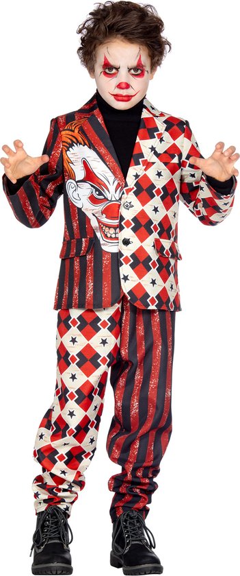 Wilbers & Wilbers - Monster & Griezel Kostuum - Wijze Penny Scary Clown - Jongen - Rood, Wit / Beige - Maat 152 - Halloween - Verkleedkleding