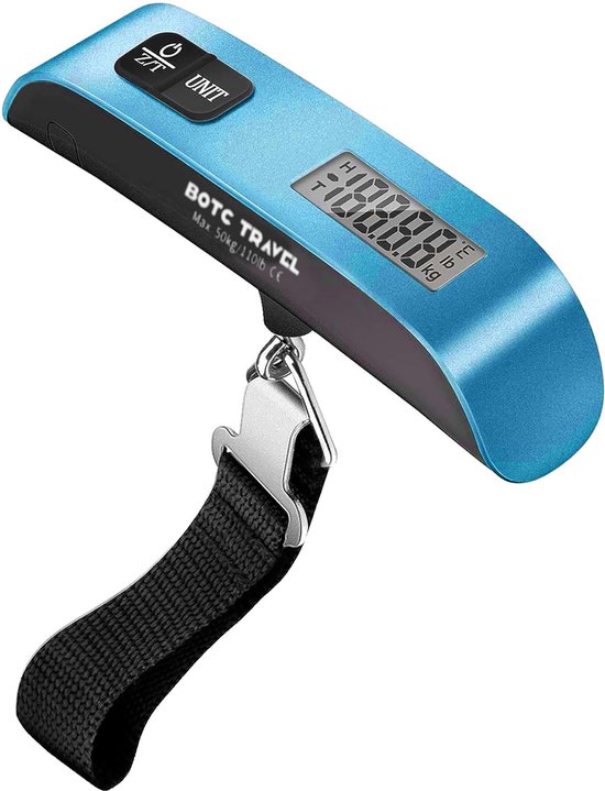 BOTC Digitale kofferweegschaal - Bagageweegschaal tot 50KG met Weeghaak & Thermometer - Blauw
