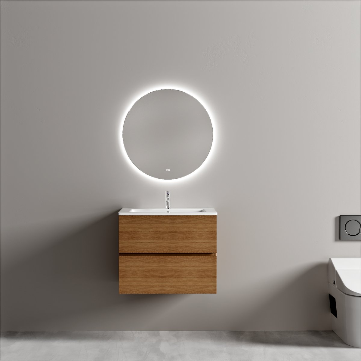 Badkamermeubel met wastafel Eiken 60 CM en Ronde LED Badkamerspiegel 60 CM - Complete Badkamermeubelset - Vestland
