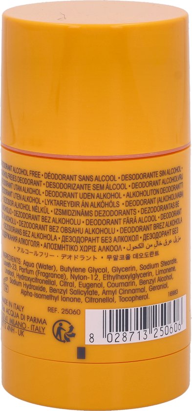 Achterkant van oranje deostick Acqua Di Parma met ingrediëntenlijst in meerdere talen.
