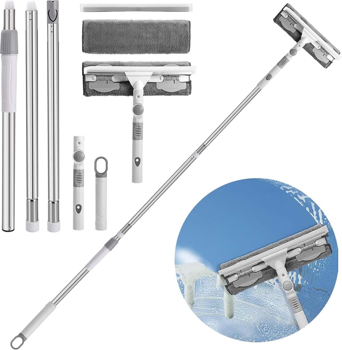 Goedkoopste Rakel Raamreiniger, 2-in-1 raamreinigingsapparaat met hoekstuk en rechte verlengstang, 30 tot 180 cm, telescopische raamreiniger voor hoge ramen, binnen en buiten in de auto