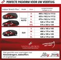 Tabel met autotypes (Personenauto, SUV) en maten (S, M, L, XL, XXL) met afmetingen in cm.