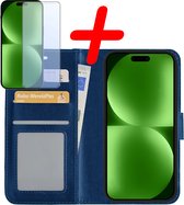 Hoes Geschikt voor iPhone 15 Pro Hoesje Bookcase Hoes Flip Case Book Cover Met Screenprotector - Hoesje Geschikt voor iPhone 15 Pro Hoes Book Case Hoesje - Donkerblauw