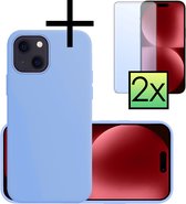 Hoes Geschikt voor iPhone 15 Hoesje Cover Siliconen Back Case Hoes Met 2x Screenprotector - Lichtblauw