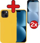 Hoesje Geschikt voor iPhone 15 Hoesje Siliconen Case Hoes Met 2x Screenprotector - Hoes Geschikt voor iPhone 15 Hoes Cover Case - Geel