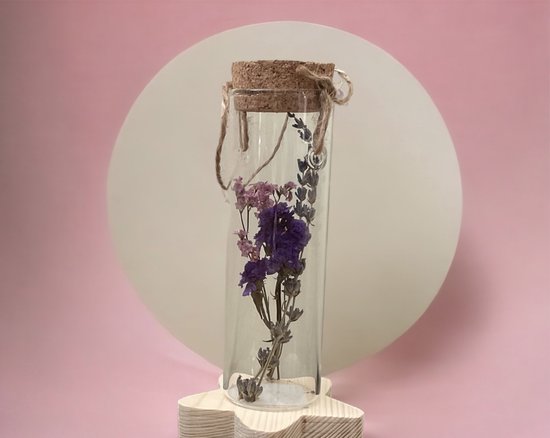 PTMD - Tube van glas - met droogbloemen - kurken deksel - kan hangen - Valentijn - Moederdag